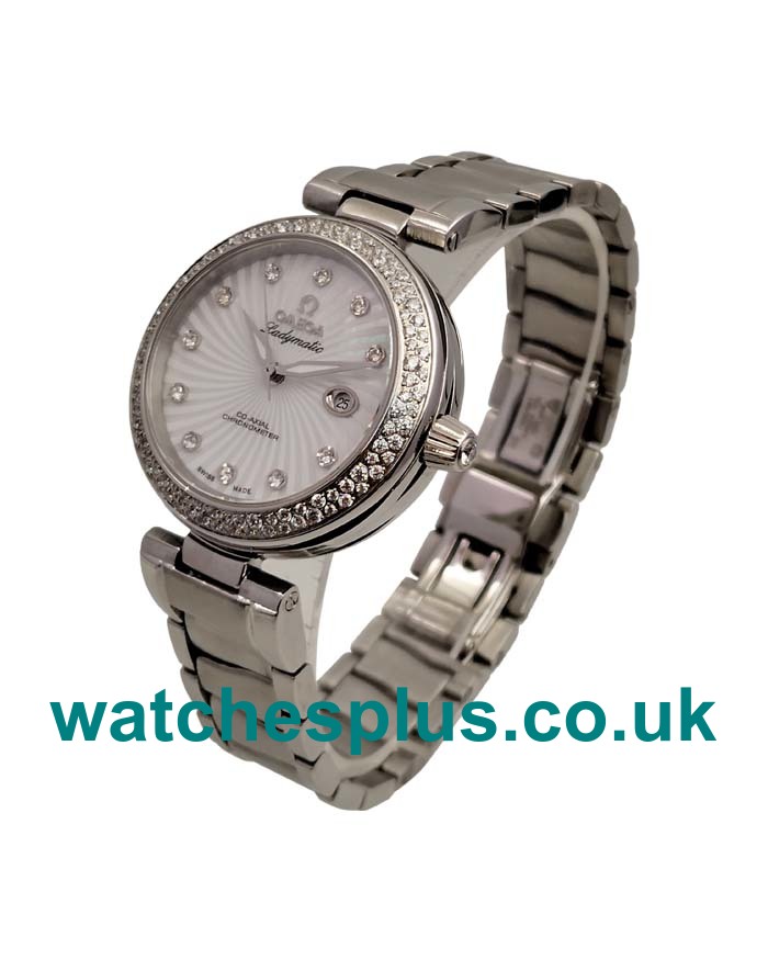 UK Top Swiss Fake Omega De Ville Ladymatic 425.35.34.20.55.001 With White Mother-Of-Pearl Dials For Women