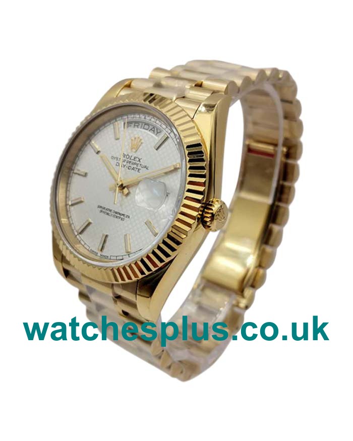 UK High Quality 40 MM Rolex Day-Date 228238 Replica Watches With Silver Dials Gold Cases For Sale