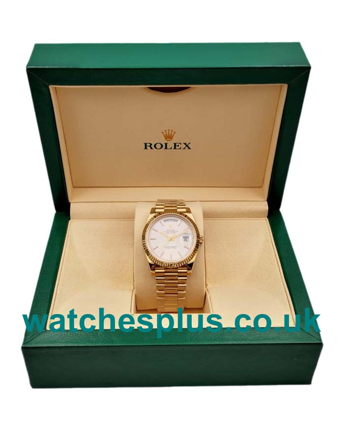 UK High Quality 40 MM Rolex Day-Date 228238 Replica Watches With Silver Dials Gold Cases For Sale