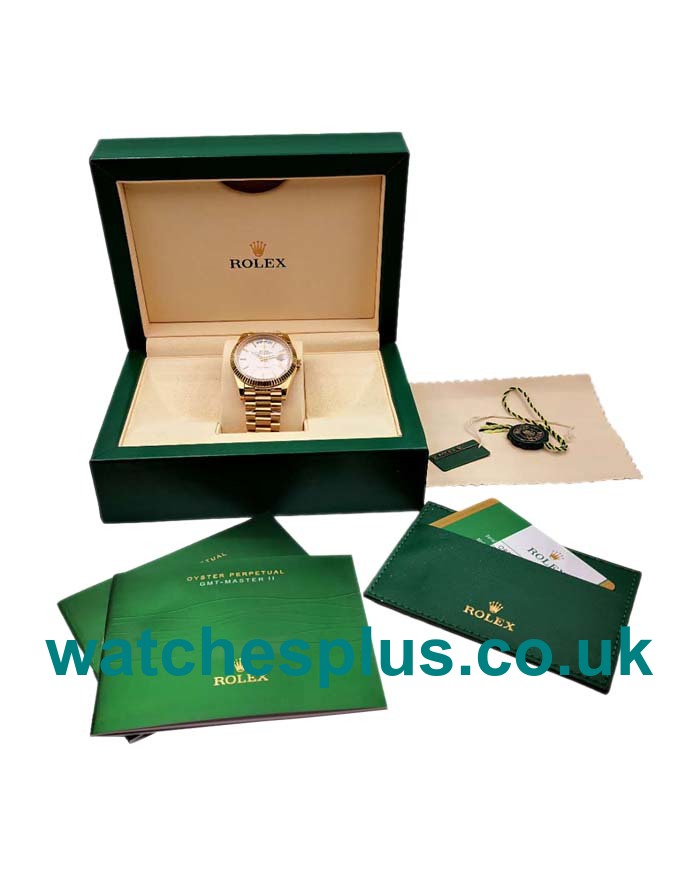 UK High Quality 40 MM Rolex Day-Date 228238 Replica Watches With Silver Dials Gold Cases For Sale