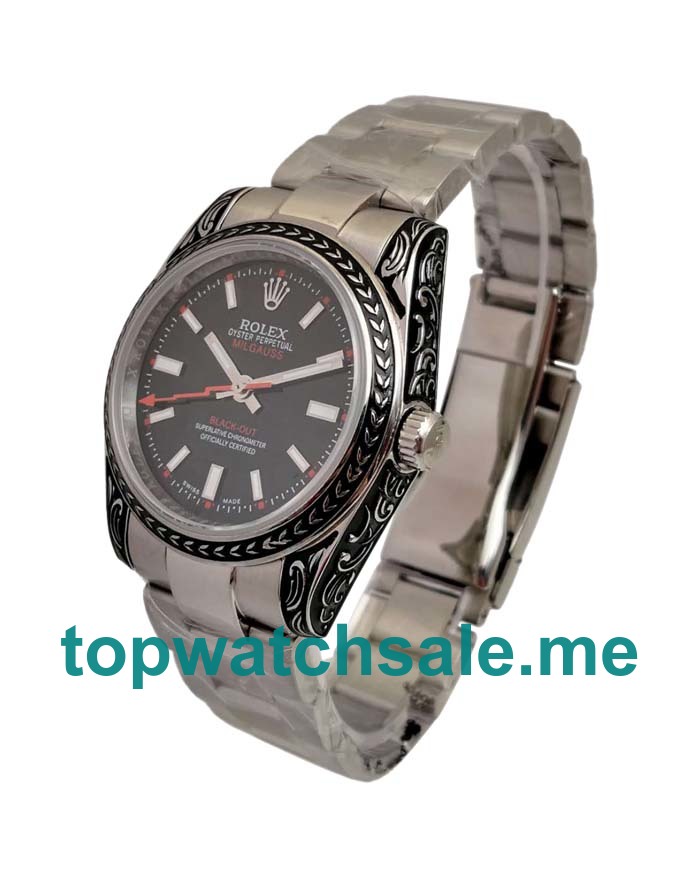 UK AAA Quality Rolex Milgauss 116400 Replica Watches With Black Dials For Men