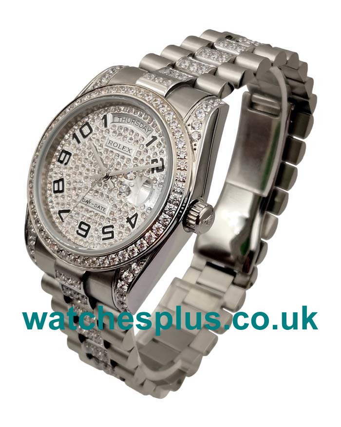 UK Swiss Replica Rolex Day-Date 118346 With Diamonds Dials And Diamonds Paved Stainless Steel Cases