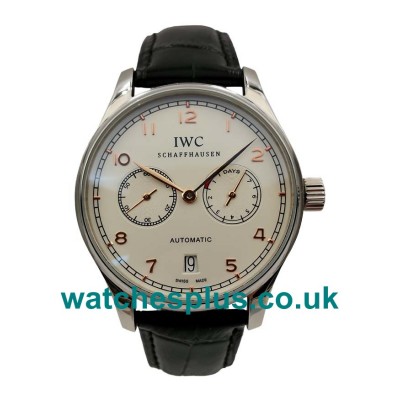 UK Best Fake IWC Portugieser IW500114 White Dial Steel Case Black Leather Strap