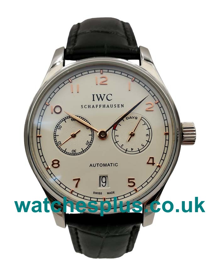 UK Best Fake IWC Portugieser IW500114 White Dial Steel Case Black Leather Strap