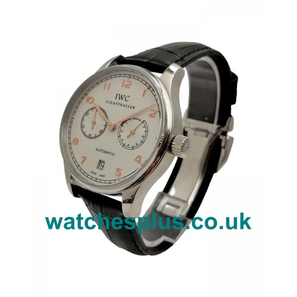 UK Best Fake IWC Portugieser IW500114 White Dial Steel Case Black Leather Strap