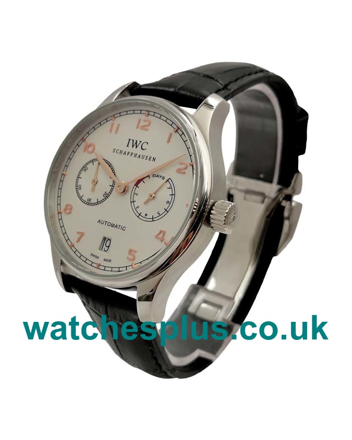 UK Best Fake IWC Portugieser IW500114 White Dial Steel Case Black Leather Strap