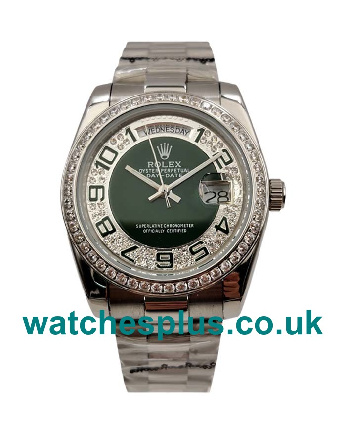 UK High End Rolex Day-Date 118346 Replica Watches With Green & Silver Diamonds Dials For Sale