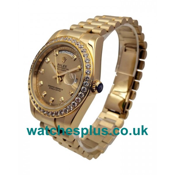 Swiss Luxury UK Champagne Dials Fake Rolex Day-Date 218348 With Gold Cases For Men