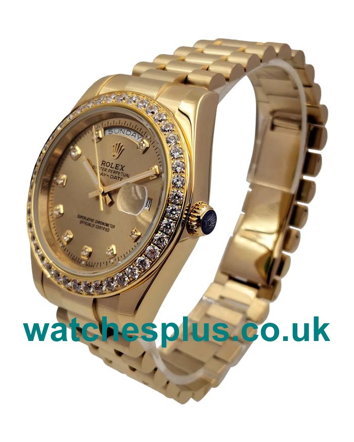 Swiss Luxury UK Champagne Dials Fake Rolex Day-Date 218348 With Gold Cases For Men